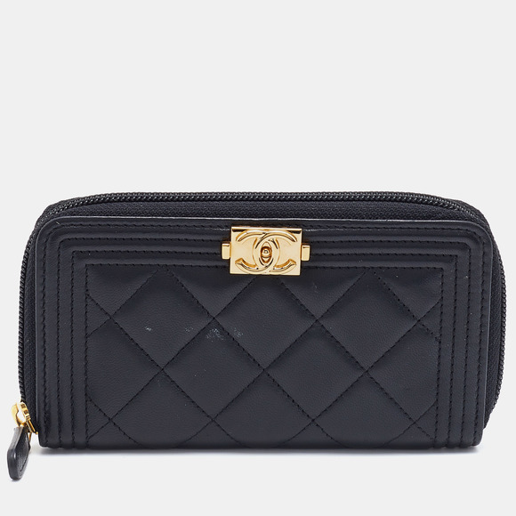 CHANEL Handbags - CHANEL Black Quilted Leather Boy Zip Around Wallet